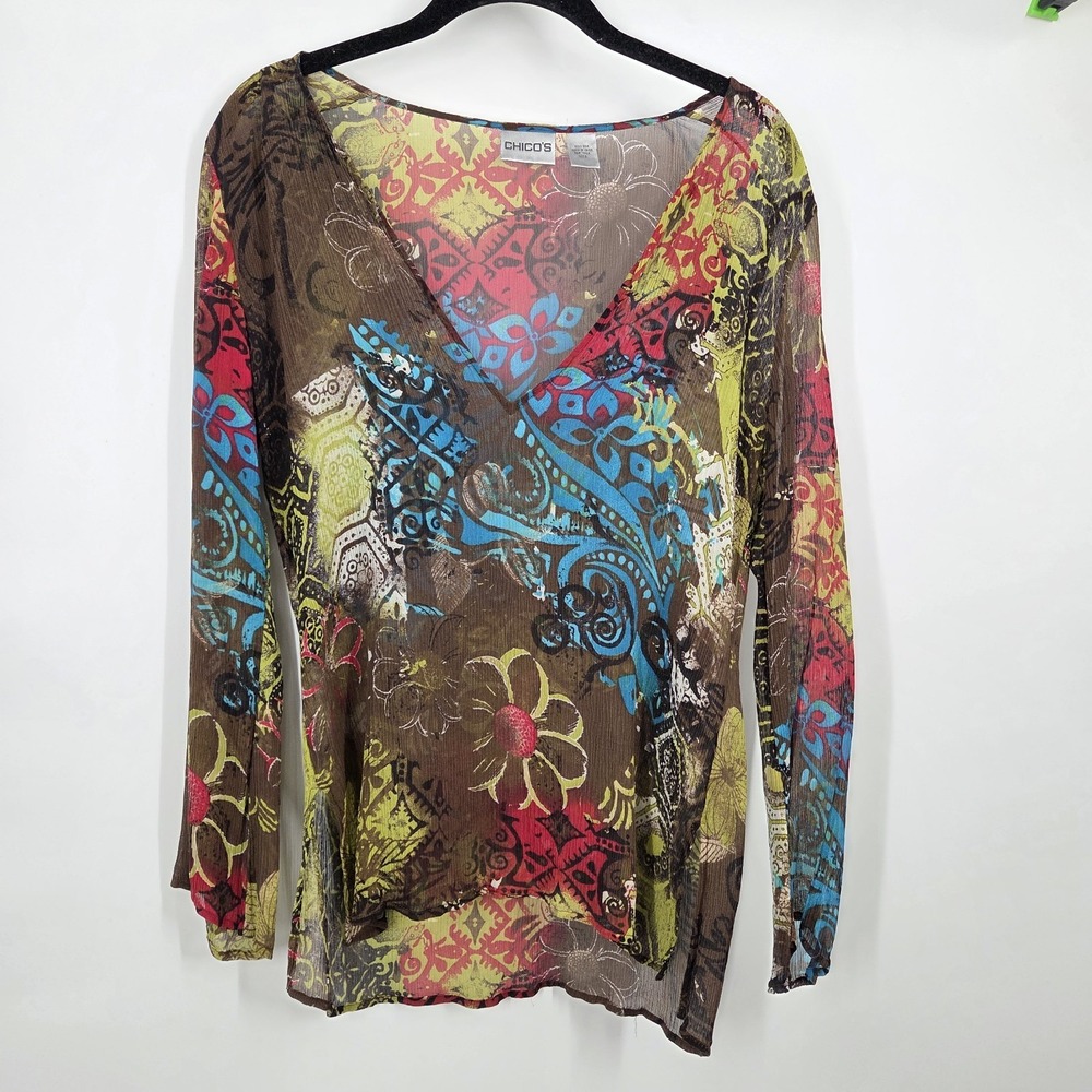 Chicos 0 S Floral Artsy Sheer Silk Split Hem Deep V-neck Blouse Boho Paisley